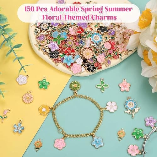 150Pcs 75 Pairs Spring Flower Charms for Jewelry Making and Bracelets, Wholesale Floral Assorted Enamel Mixed Bulk Metal Charms for DIY Necklace Bracelet Earring Jewelry Making and Crafting thumbnail 3