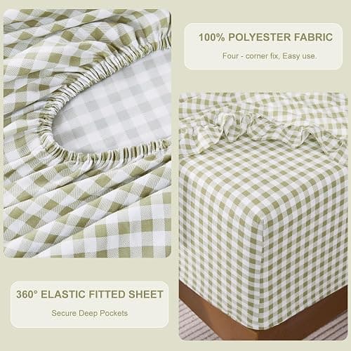 kisswish Gingham Queen Sheet Set, Lightweight Super Soft Brushed Microfiber Plaid Bed Sheets with 16" Deep Pocket, 4 Piece Ruffle Farmhouse Bedroom Decor, Sage Green thumbnail 4