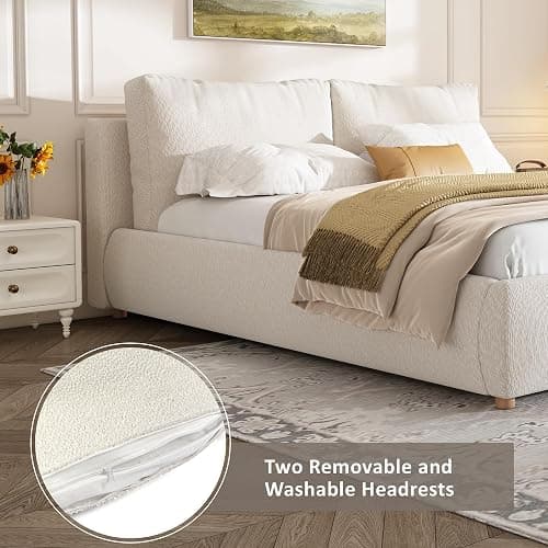 BEDGJH Cozy Queen Size Upholstered Platform Bed Frame with 2 Removable Pillow Headboards, Boucle Fabric, Perfect for Minimalist Bedrooms (White, Queen) thumbnail 3