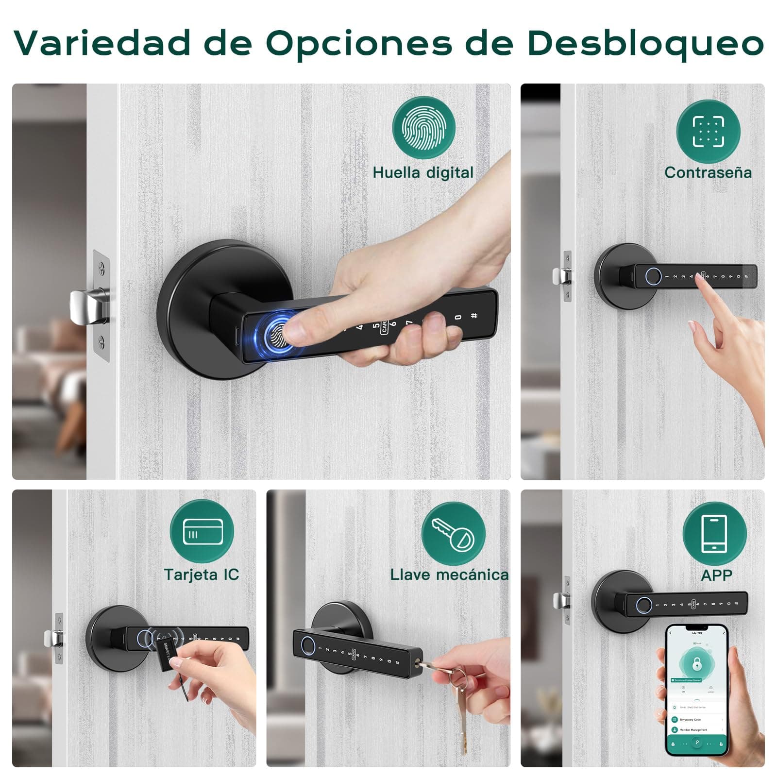 Cerradura Inteligente Electronica 5 en 1, 0.3s Desbloquear, Código de Privacidad, Huella Digital/Tarjeta IC/Contraseña/APP/Llave Mecánica, Fácil de Instalar, para Hogar, Oficina, Hotel thumbnail 3