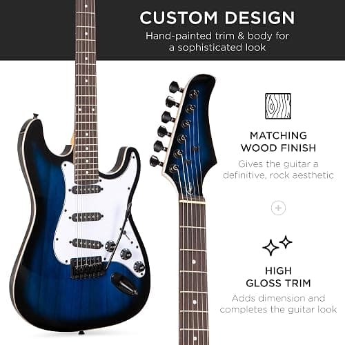 Best Choice Products 39in Full Size Beginner Electric Guitar Starter Kit w/Case, Strap, 10W Amp, Strings, Pick, Tremolo Bar - Hollywood Blue thumbnail 6