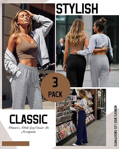 Neer 3 Pack Women's Sweatpants with Pockets, High Waisted Casual Yoga Pants Cozy Lounge Drawstring Loose Wide Leg Jogger thumbnail 4