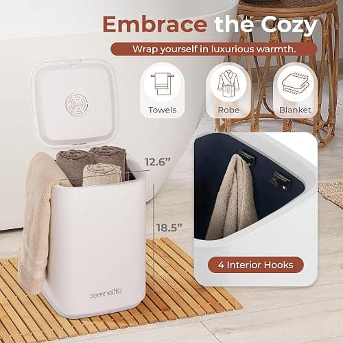 SereneLife Towel Warmer Bucket - Compact 23L Bathroom Towel Heater with Essential Oils Disc Holder, Adjustable Timer, Auto Shut-Off, Power Cord Storage & LED Display, Fits 2 Oversized Towels (White) thumbnail 2