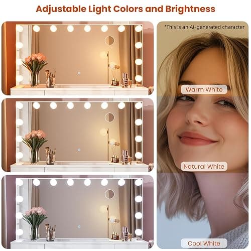 SMOOL Vanity with Mirror and Lights - 46" Vanity Desk with Outlet and 11 Drawers, 3 Color Lighting Modes Adjustable Brightness, Glass Top Makeup Table with Soft Cushioned Stool for Bedroom (White) thumbnail 4