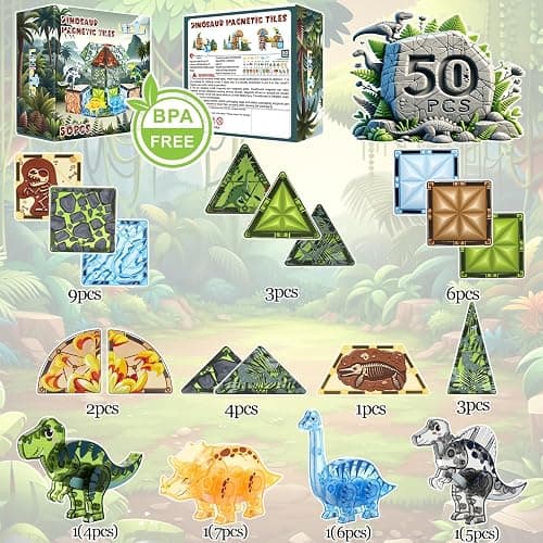 Magnetic Tiles Dinosaur Toys for Kids 3-5 5-7 Magnet Building Blocks Toddler Toy Dinosaurs - 3 Year Old Boy Gift STEM Learning Resources for Kids Ages 3 4 5 6 7 8 Gifts for 4 Year Old Boys thumbnail 7