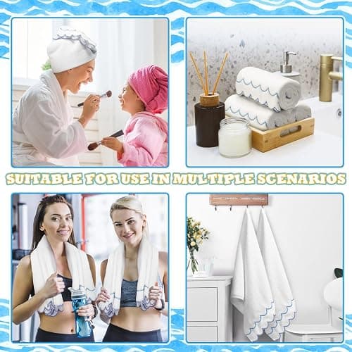 Hahafelt 2 Pcs Scalloped Hand Towels 100% Cotton Hand Towels for Bathroom 15.75 x 27.56 Inch 600 GSM Cute Soft Absorbent Embroidered for Hotel Spa Sport Yoga(Blue,Classic) thumbnail 6