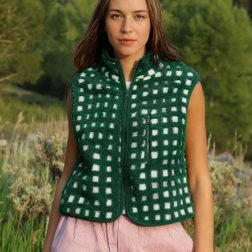 SeeLuNa Womens Checkered Sherpa Vest Sleeveless Winter Fleece Jacket High Neck Zip Up Plaid Gilet with Chest Pocket thumbnail 4