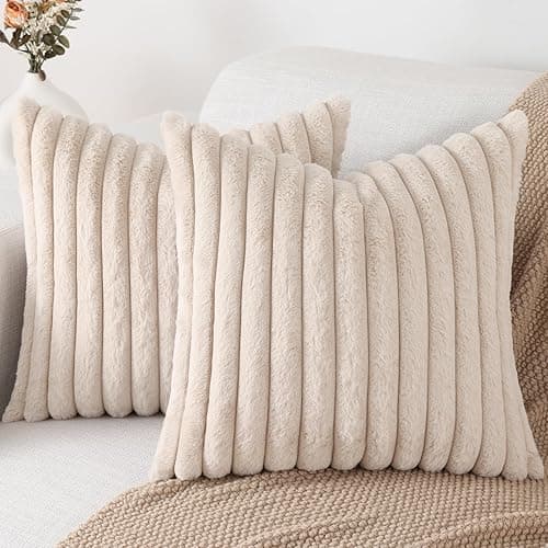 Pallene Faux Fur Plush Throw Pillow Covers 18x18 Set of 2, Luxury Soft Fluffy Striped Decorative Pillow Covers for Sofa, Couch, Living Room, Apricot - 18" x 18" (Pack of 2) - Apricot - Image 1