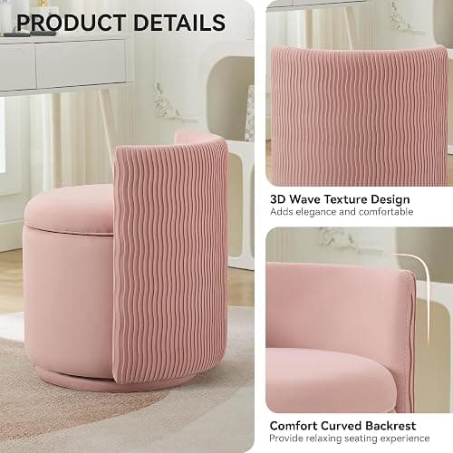 WUTUTUEE Velvet Vanity Chair with Storage, 360° Swivel Makeup Chair with Wave Back, No Assembly Small Accent Stool for Bedroom, Dressing, Living Room, Pink thumbnail 3