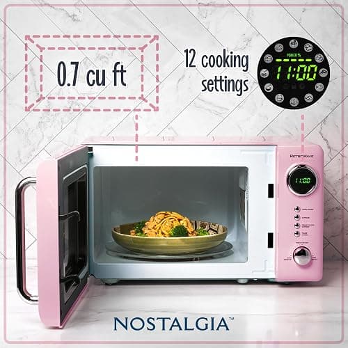 Nostalgia Countertop Microwave Oven with Easy Clean Interior - Retro Microwave with LED Display & Child Lock- Compact 0.7 Cu. Ft. Oven With 12 Pre-Programmed Settings for Quick Cooking- 700-Watts-Pink thumbnail 4