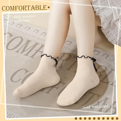 ZhouBoat 6 Pairs Womens Bow Socks Ruffle Casual Crew Socks Cute Black White Soft Breathable Cotton Frilly Ankle Socks thumbnail 7