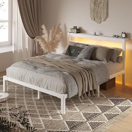 HAY.com Full Size Bed Frame with LED Light & Charging Station, Metal Platform Bed with Storage Headboard & Under-Bed Storage, Heavy Duty Slats Support, No Box Spring Needed, Noise-Free, White thumbnail 3
