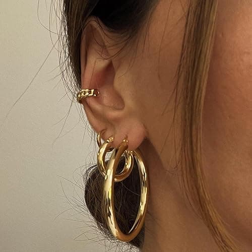 Gold Hoop Earrings Set for Women, 18 Pairs Hypoallergenic Statement Open Pearl Hoops Earring for Multipack, Gold Chunky Hoop Earrings for Women Trendy Jewelry thumbnail 3