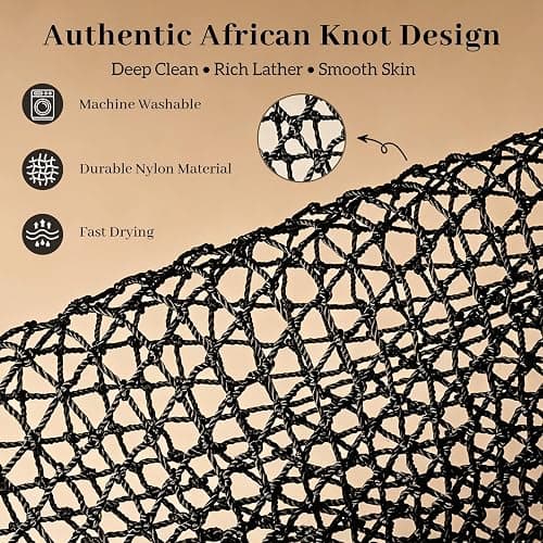 SPMKTBOZAI African Net Sponge Authentic, Exfoliating Net for Body Back | African Net Sponge with Knots| Long Stretch Net Sponge| African Net for Sensitive Skin| Durable & Quick Dry| Daily Use| Black thumbnail 2