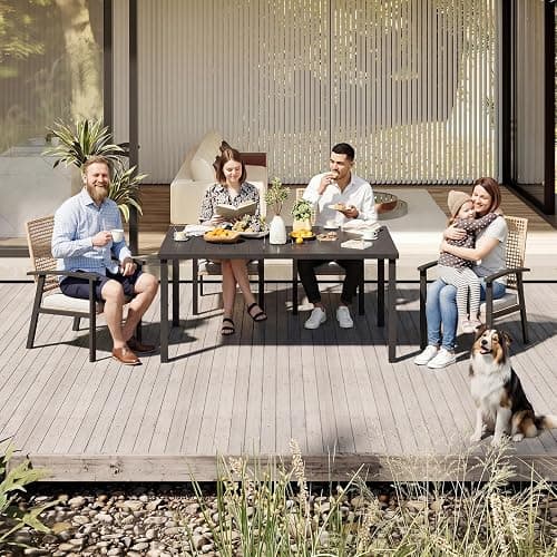 Aoxun 5-Piece Wicker Patio Table and Chairs Set for 4 with Umbrella Hole | Outdoor Dining Set with 6 Chairs and 1 Rectangular Metal Table, Patio Dining Sets with Soft Cushion for Backyard, Yellow thumbnail 8