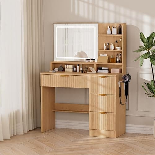 LIVELYGLOW 35.4" Wooden Makeup Vanity Set with Charging Station & Stool | Smart LED Mirror, Fluted Design, Cushioned Stool, Hairdryer Rack thumbnail 9