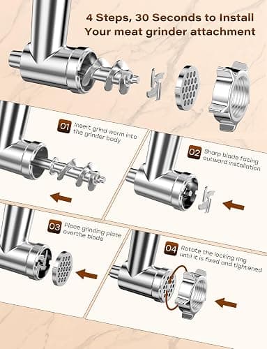 100% Polished Stainless Steel Meat Grinder Attachment for KitchenAid Mixer, Dishwasher Safe Food Grinder Attachment Anti-Corrosion, 18-Piece Set Includes 3 Seamless Sausage Stuffers, 4 Grinding Plates thumbnail 8