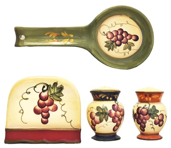 ACK Tuscany Grapevine Hand Painted Ceramic Table/Stove Top Set of 4PCs, Pepper and Salt Shakers,Napkin Holder and Spoon Rest, Kitchen Décor - Image 1