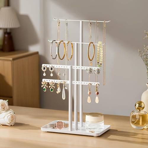 pickpiff Jewelry Stand Organizer, 14.5" Tall Sturdy Metal, 3-TierJewelry Holder for Necklace, Earring, Bracelet, Ring, Hanger for Display and Storage, Aesthetic Room Decor, White thumbnail 5