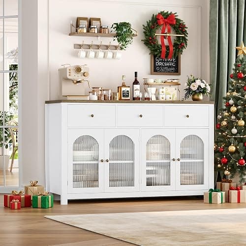 FINETONES Buffet Cabinet with Storage, 55.1" Large Sideboard Buffet Cabinet, Farmhouse Kitchen Cabinets with 3 Drawers and 4 Doors, Wood Coffee Bar for Kitchen Dining Room thumbnail 2