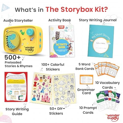 WonderBuddy Kids Story Box Audio Player, 500+ Preloaded Stories & Rhymes, Story Writing DIY Art Kit, Voice Recorder, Content Upgrade, Bluetooth, Birthday Gift for Boys Girls 3+ Years- Dino thumbnail 2