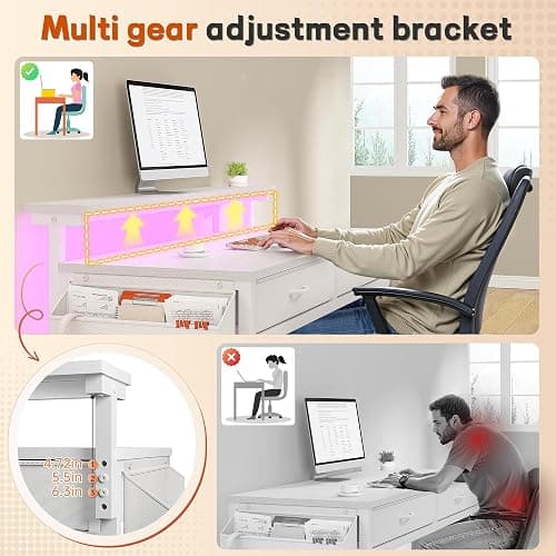 DurayLoly Computer Desk with 2 Drawers & LED Lights,39.4 Inch Home Office Desks with Side Pocket and Monitor Stand,Study Writing Table for Small Spaces,White thumbnail 6