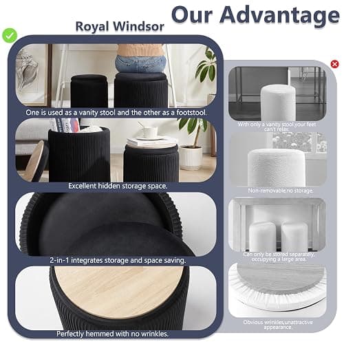 Royal Windsor Round Ottoman with Storage Set of 2,Vanity Stool with Storage for Bedroom, Ottoman Coffee Table,Small Velvet Foot Stool for Living Room, Black thumbnail 7