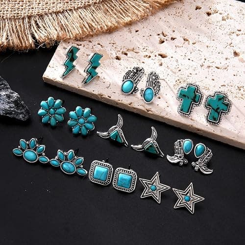 BVGA 9 Pairs Western Turquoise Stud Earrings Vintage Silver Turquoise Cowgirl Boots Lightning Cross Flower Stud Earrings Boho Gemstone Small Geometric Square Star Studs Turquoise Jewelry for Women Girls thumbnail 2