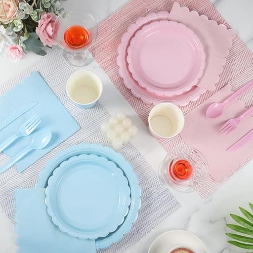 Xiangqu 350 Pcs Baby Gender Reveal Plates and Napkins, 50 Guest Boy or Girl Gender Reveal Party Supplies Include Light Pink and Light Blue Plates Napkin Cup Plastic Spoon Fork Knive for Baby Shower thumbnail 4