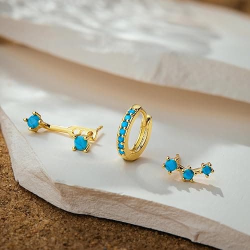 Gold Stud Earrings Set for Women, 3 Pairs Huggie Hoop Jacket Studs Earring Stacks, Hypoallergenic 925 Sterling Silver Post Dainty Birthstone Trendy Women Fashion Accessories Jewelry Gifts thumbnail 5