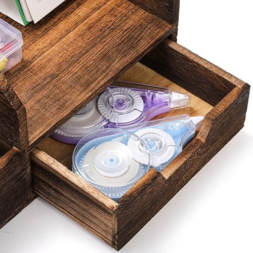 Pumtus Brown Wooden Mail Organizer, Desk Organizer with 7 Compartments and Drawer, Rustic Mail Sorter with Pen Holder, Tabletop Mail Basket, Office Accessories Holder for Pen File Letter Document thumbnail 4