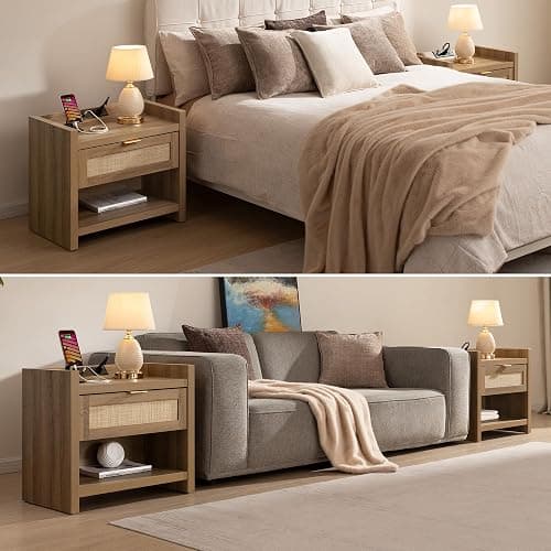 SICOTAS Night Stand Set of 2 Nightstands - Rattan Bed Side Table with Drawer Storage,Type-C Charging Station End Table - Boho Bedside Night Stands for Bedroom - Natural Oak thumbnail 8