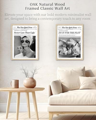 iHery Natural OAK Wood Audrey Hepburn Newspaper Trendy Framed Wall Art, 12x16 in Vintage Headline Canvas Bedroom Wall Decor, Better Late Than Ugly,Bathroom Artwork Apartment Girly Dorm Room 1Pack thumbnail 7