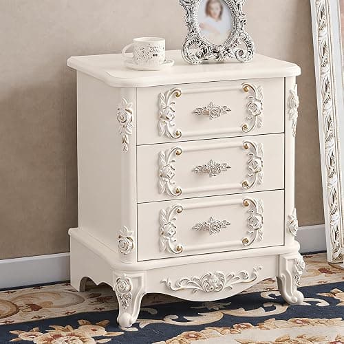 VIBRFURE French Nightstand with 3 Drawers Storage, Gold Accents, White Wood, French Style Bedside Table, Elevate Bedroom Decor (Off White, 16" L x 16" W x 24" H, Wood) - Image 1