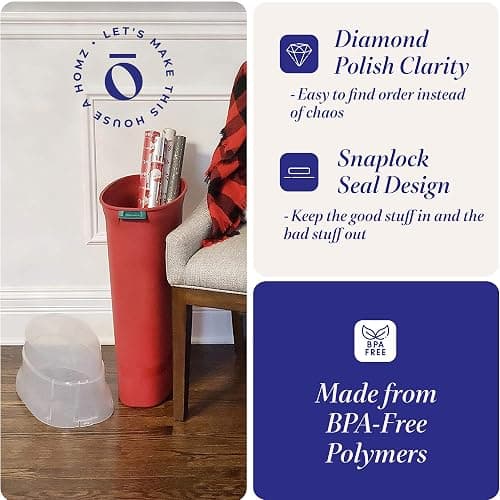 HOMZ 2-Pack Seasonal Holiday, Plastic Vertical Gift Wrap Storage Organizer, Red & Clear - Paper Wrapping Bin Containers for Christmas Gifts and Birthday Presents thumbnail 5