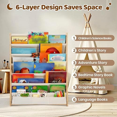 COSYLAND Fabric Kids Bookshelf 6 Tiers,Wooden Sling Book Rack with Deep Shelves for Playroom Nursery Bedroom,Front Facing Nursery Bookcase for Kids (Natural, 63 Cm Wide) thumbnail 3