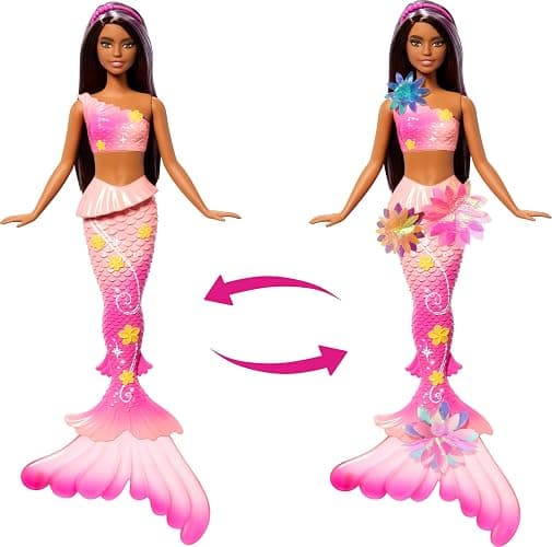 Barbie Mermaid Toy Dolls with Surprise Magic Blooming Flowers Feature, Ombre Tails, Pearl Headband Accessory & Long Brown Hair with Purple Highlights thumbnail 4