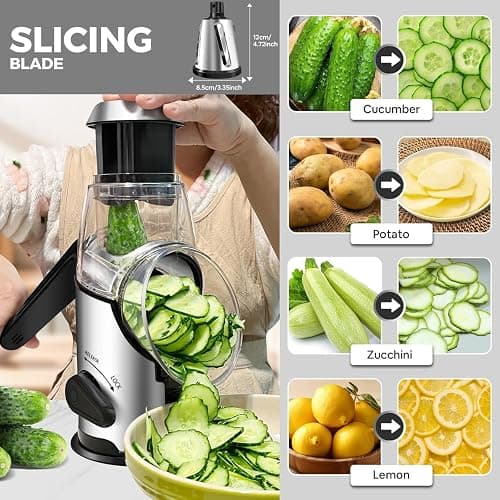 Airpro Rotary Cheese Grater with Handle - Vegetable Shredder with 3 Stainless Steel Blades & Strong Suction Base,Round Mandoline Slicer & Food Chopper for Kitchen thumbnail 6