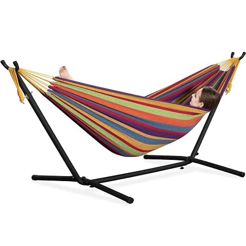 PNAEUT Double Hammocks with Stand for Outside, Portable Space Saving Heavy-Duty Steel Stand for Indoor Outdoor Patio, 450 lbs Capacity (Tropical) - Image 1