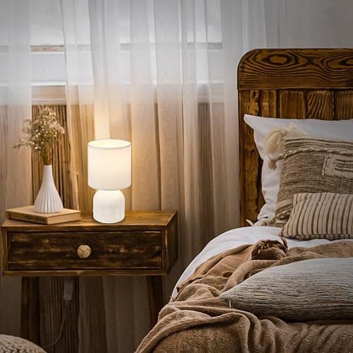 BRILONER - Tischlampe mit Stoffschirm, Kabelschalter, Keramikfuß, Lampe, Nachttischlampe, Tischleuchte, Dekolampe Flur, Bürolampe, Leselampe, Wohnzimmer, Schlafzimmer, 15x28 cm (DxH), Weiß thumbnail 2
