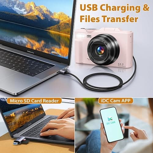 4K Digital Camera for Photography, 64MP Compact Vlogging Camera with WiFi and 3" 180° Flip Screen, 18X Digital Zoom, Ideal for YouTube Creators, Includes 2 Batteries & 32GB Micro SD Card, Pink thumbnail 6