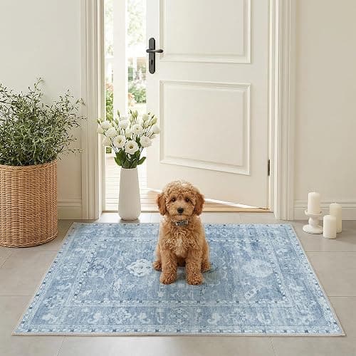 Washable Rugs 2x3 Blue Area Rugs for Living Room,Rug for Bedroom, Vintage Distressed Non-Slip, Ultra Soft Faux Wool Carpet for Dining Room for Home Office Décor - Image 1