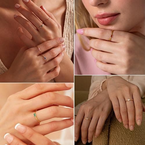 RLMOON Gold Birthstone Rings for Women Non Tarnish Gold Stackable Rings Dainty 14K Gold/Silver Plated Baguette CZ Emerald Green Ring Personalized Jewelry Gift for Birthday Size 4-10 thumbnail 6