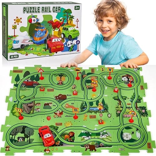 25PCS Puzzle Racer Kids Car Track Set, Jungle Themed Series, Educational Car Puzzle Toys Gifts for Kids and Boys - Image 1