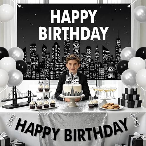 Cheerupp Black New York City Skyline Theme Birthday Decorations Set | Black NYC Skyline City Themed, NYC Skyscraper Design, Backdrop, Banner, Cake Cupcake Toppers, Balloons, for Bday Party thumbnail 3