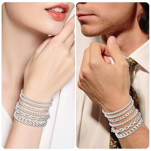 6PCS Stainless Steel Bracelets for Men, Silver Gold Black Sturdy Cuban Link Box Rope Wheat Chain Paperclip Figaro Bracelet for Women Men Jewelry Set thumbnail 6