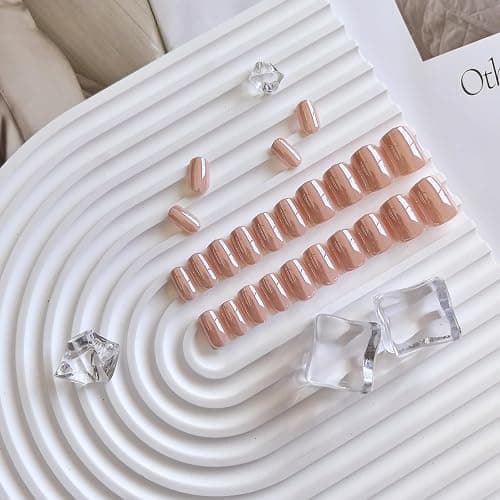 Nude Press On Nails Short - KQueenest Chrome Press On Nails Square, Sparkly Fake Nails Press ons, Bling Glazed Glue on Nails Short Coffin, Cute Shiny False Nail Gel Stick On Nails for Women Weddings thumbnail 4