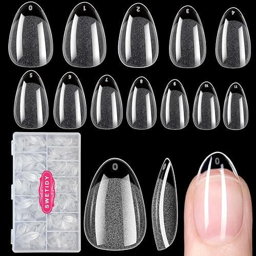 600Pcs Extra Short Almond Nail Tips,SWETIDY Upgraded Widened Nail Bed Half Matte No File False Full Cover Gel Nails Clear Acrylic Gelly Tips for Nail Extension Home DIY Salon 12 Sizes with Sturdy Set - Image 1