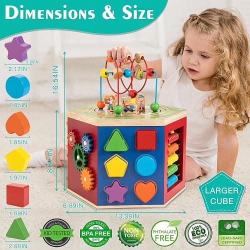 Large Activity Cube, 9-in-1 Farm-Themed Wooden Play Center, Multipurpose Montessori Toy for 1-2 Year Old Baby Toddler Kid, First Birthday Gift | Bonus Magnetic Train Cars thumbnail 3