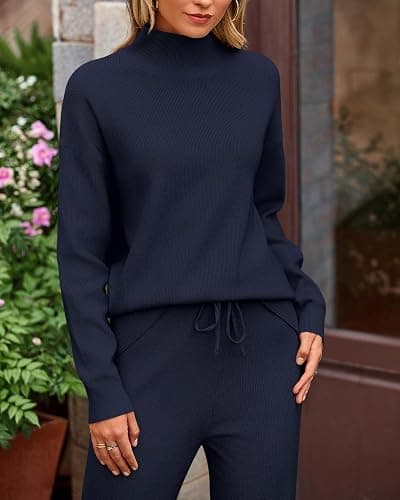 dowerme Women Fall 2 Piece Outfits 2025 Winter High Neck Sweater Sets Drawstring Wide Leg Pant Chunky Knit Lounge Set thumbnail 4